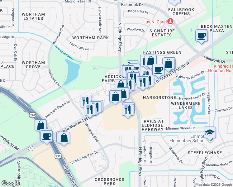 map of restaurants, bars, coffee shops, grocery stores, and more near 11126 North Eldridge Parkway in Houston