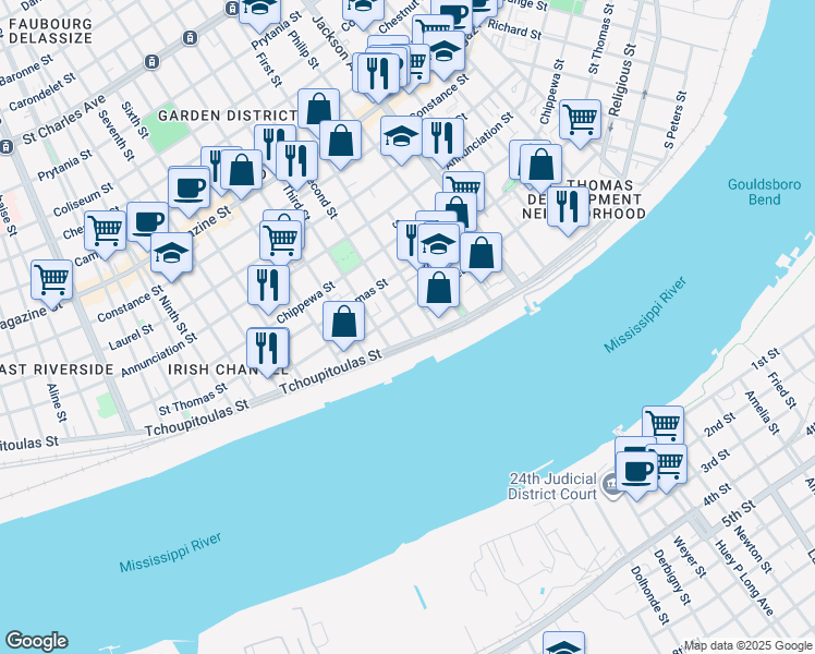 map of restaurants, bars, coffee shops, grocery stores, and more near 405 Third Street in New Orleans