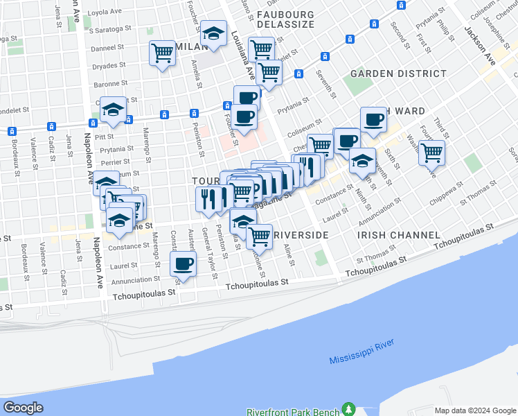 map of restaurants, bars, coffee shops, grocery stores, and more near 3530 Magazine Street in New Orleans