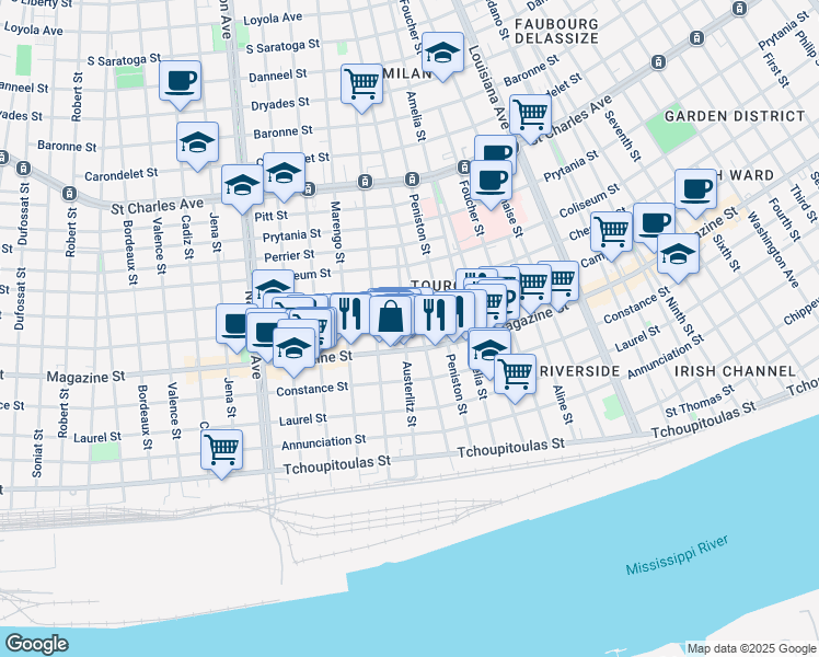 map of restaurants, bars, coffee shops, grocery stores, and more near 3926 Camp Street in New Orleans