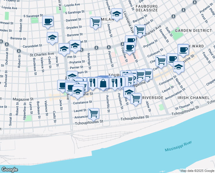 map of restaurants, bars, coffee shops, grocery stores, and more near 3926 Camp Street in New Orleans