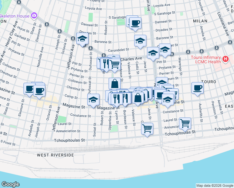 map of restaurants, bars, coffee shops, grocery stores, and more near 1022 Bordeaux Street in New Orleans