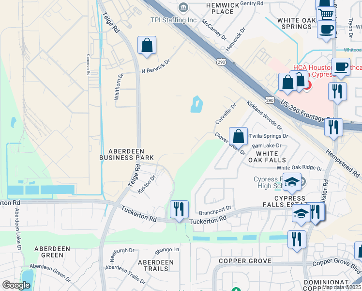 map of restaurants, bars, coffee shops, grocery stores, and more near 9602 Kirkton Drive in Houston