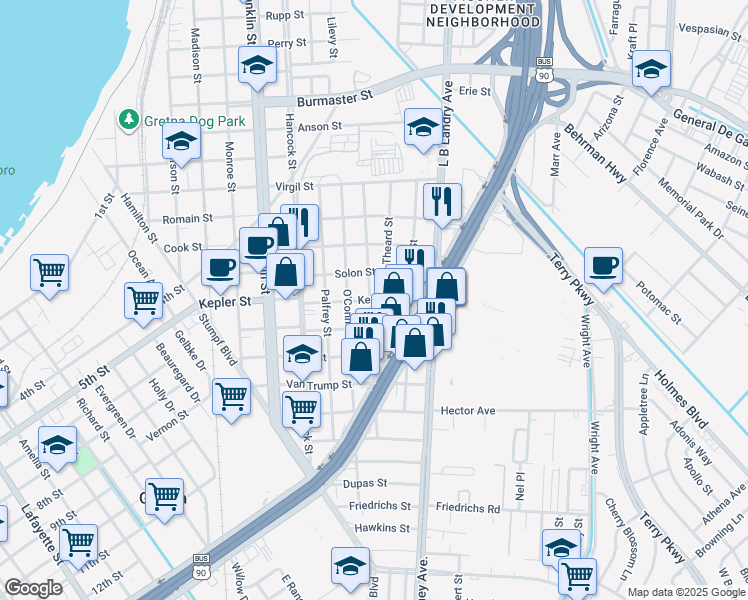 map of restaurants, bars, coffee shops, grocery stores, and more near 1704 Pratt Street in Gretna