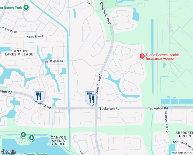 map of restaurants, bars, coffee shops, grocery stores, and more near 10026 Heron Meadows Drive in Houston