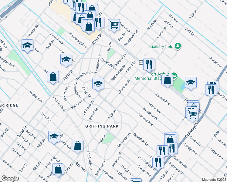 map of restaurants, bars, coffee shops, grocery stores, and more near 4446 Forest Drive in Port Arthur
