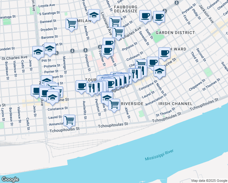 map of restaurants, bars, coffee shops, grocery stores, and more near 3530 Magazine Street in New Orleans