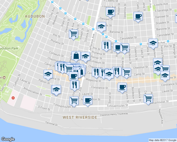 map of restaurants, bars, coffee shops, grocery stores, and more near 5355 Camp St in New Orleans