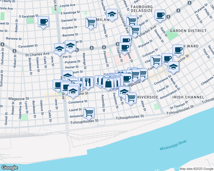 map of restaurants, bars, coffee shops, grocery stores, and more near 3826 Camp Street in New Orleans