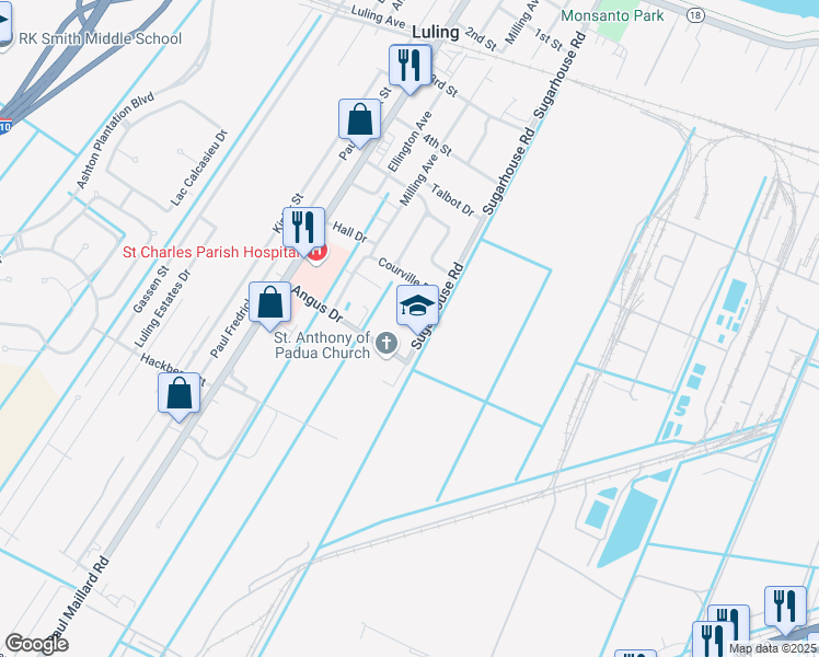 map of restaurants, bars, coffee shops, grocery stores, and more near 904 Sugarhouse Road in Luling