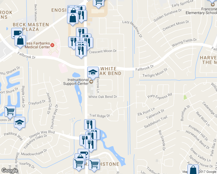 map of restaurants, bars, coffee shops, grocery stores, and more near 10907 Birdhill Cir in Houston