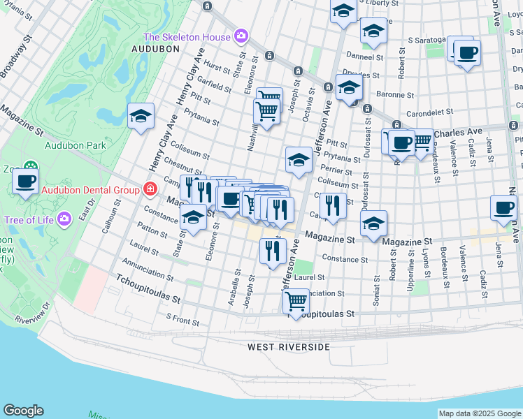 map of restaurants, bars, coffee shops, grocery stores, and more near 5600 Camp Street in New Orleans