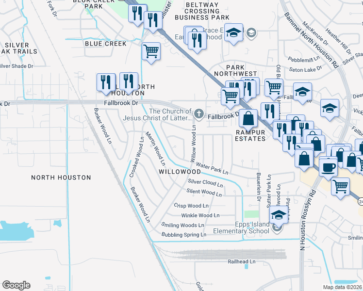 map of restaurants, bars, coffee shops, grocery stores, and more near 9711 Whitepost Lane in Houston