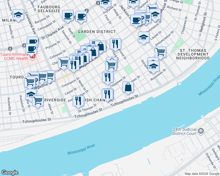 map of restaurants, bars, coffee shops, grocery stores, and more near 2848 Chippewa Street in New Orleans