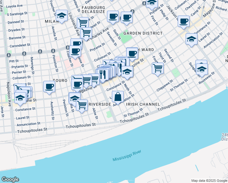 map of restaurants, bars, coffee shops, grocery stores, and more near 919 Toledano Street in New Orleans