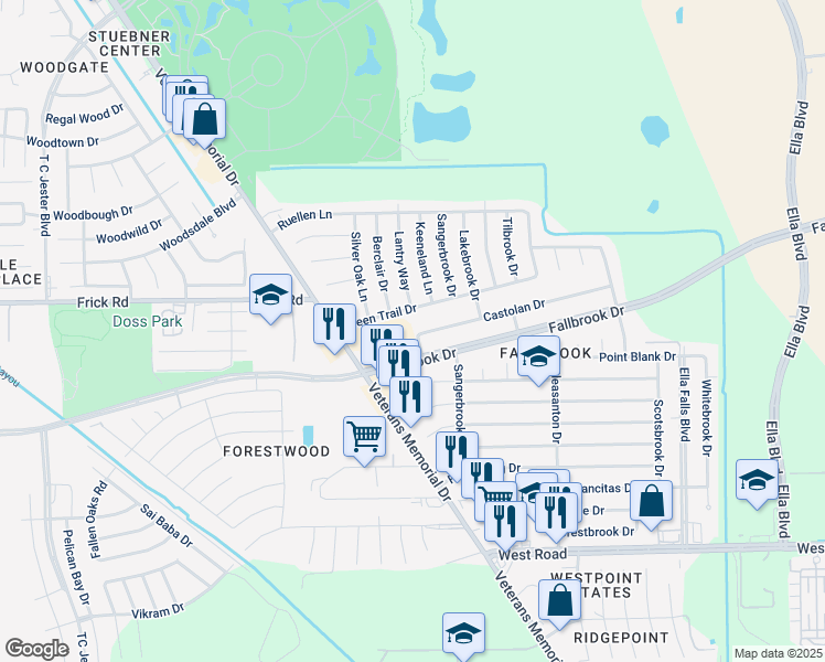 map of restaurants, bars, coffee shops, grocery stores, and more near 1330 Castolan Drive in Houston