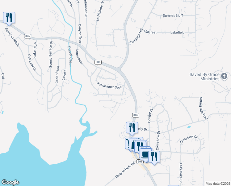 map of restaurants, bars, coffee shops, grocery stores, and more near 566 Lonesome in Canyon Lake
