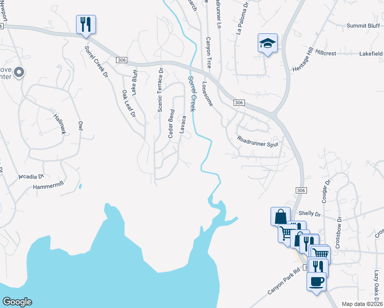 map of restaurants, bars, coffee shops, grocery stores, and more near 1409 Lavaca in Canyon Lake