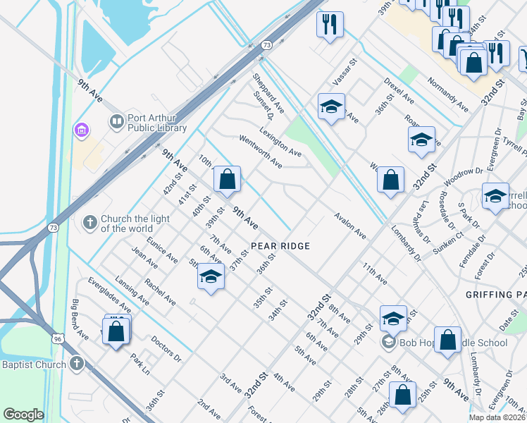 map of restaurants, bars, coffee shops, grocery stores, and more near 3734 38th St in Port Arthur