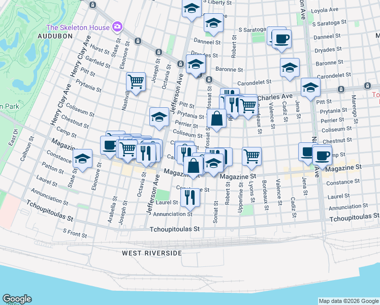 map of restaurants, bars, coffee shops, grocery stores, and more near 1031 Valmont Street in New Orleans