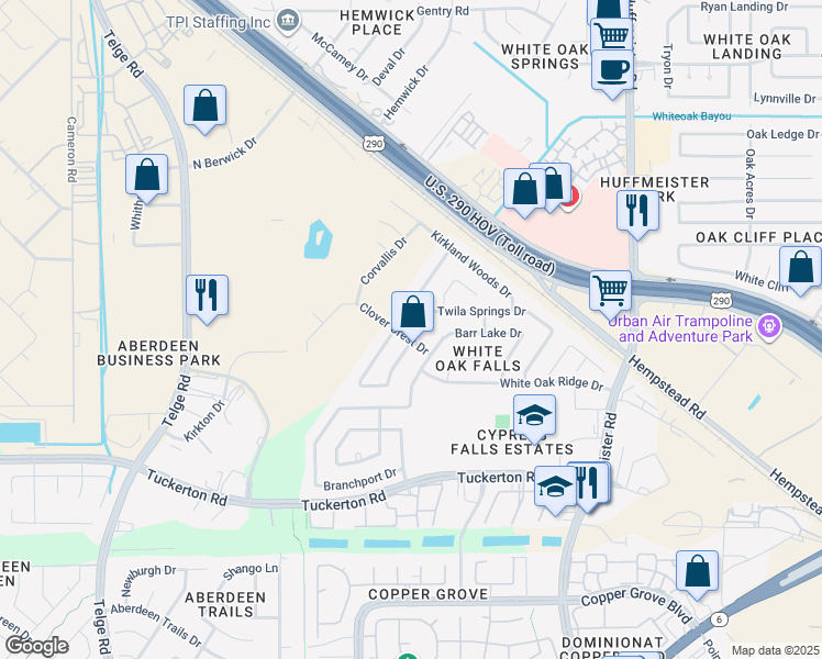map of restaurants, bars, coffee shops, grocery stores, and more near 10007 Lynette Falls Drive in Houston