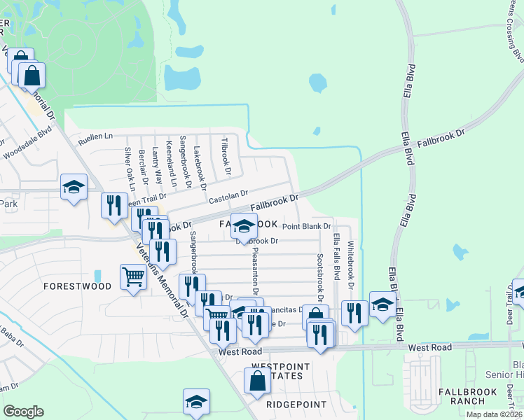 map of restaurants, bars, coffee shops, grocery stores, and more near 1027 Fallbrook Drive in Houston