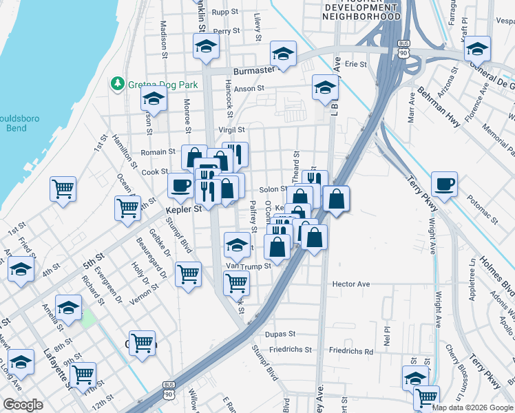 map of restaurants, bars, coffee shops, grocery stores, and more near 1022 Kepler Street in Gretna