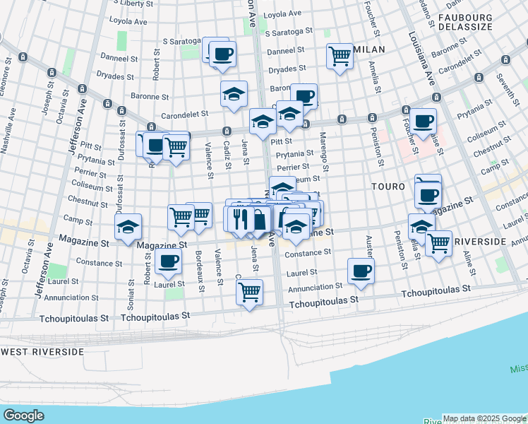 map of restaurants, bars, coffee shops, grocery stores, and more near 1002 Napoleon Avenue in New Orleans