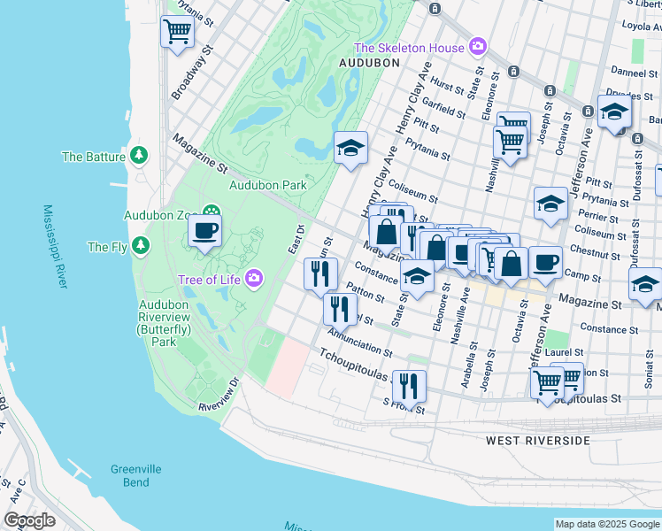map of restaurants, bars, coffee shops, grocery stores, and more near 612 Henry Clay Avenue in New Orleans