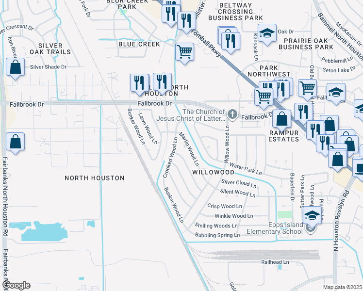 map of restaurants, bars, coffee shops, grocery stores, and more near 7827 Martin Wood Lane in Houston