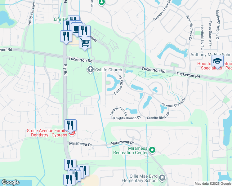 map of restaurants, bars, coffee shops, grocery stores, and more near 9920 Easton Sky Lane in Cypress