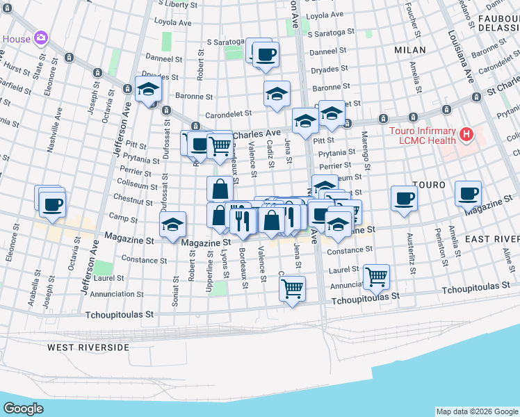 map of restaurants, bars, coffee shops, grocery stores, and more near 1019 Valence Street in New Orleans