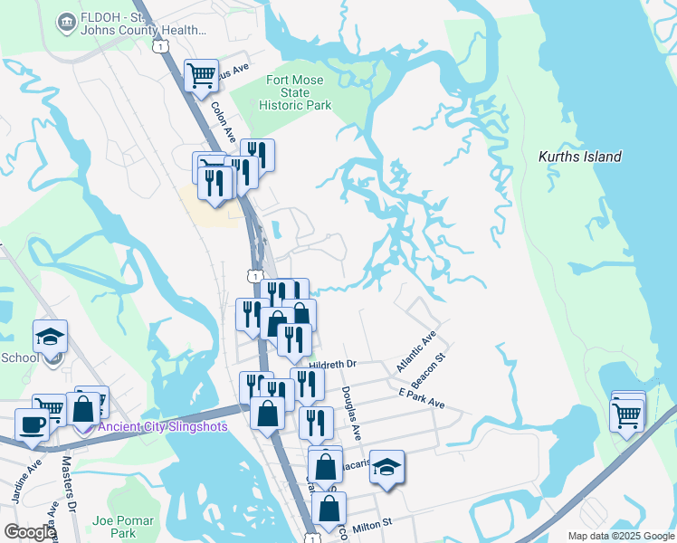 map of restaurants, bars, coffee shops, grocery stores, and more near 1050 Bella Vista Boulevard in St. Augustine