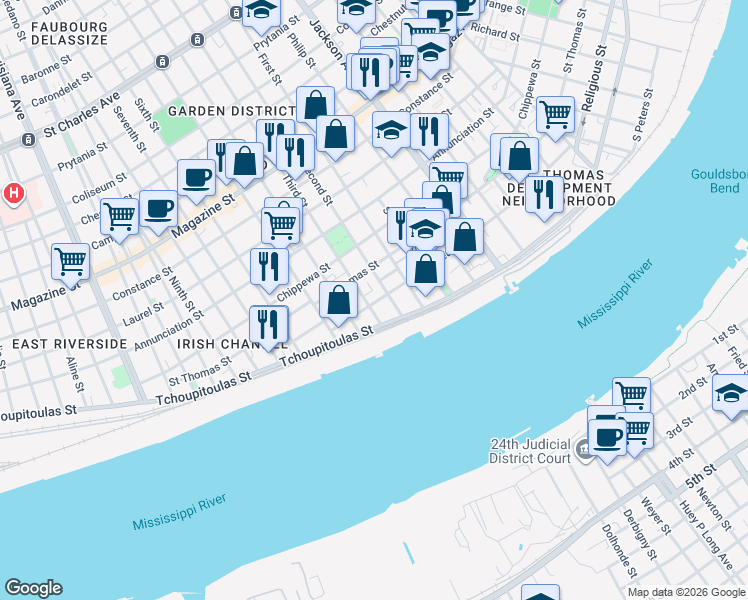 map of restaurants, bars, coffee shops, grocery stores, and more near 405 Third Street in New Orleans