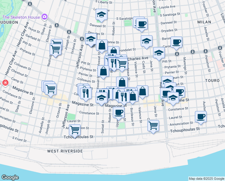 map of restaurants, bars, coffee shops, grocery stores, and more near 1028 Robert Street in New Orleans