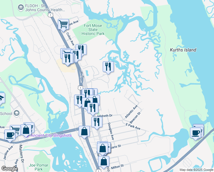 map of restaurants, bars, coffee shops, grocery stores, and more near 1050 Bella Vista Boulevard in St. Augustine