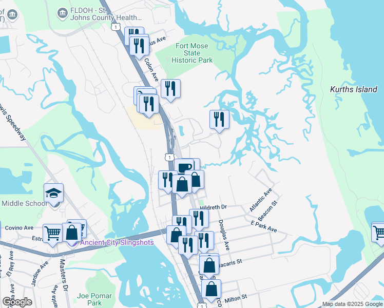 map of restaurants, bars, coffee shops, grocery stores, and more near 2010 Mariposa Vista Lane in St. Augustine