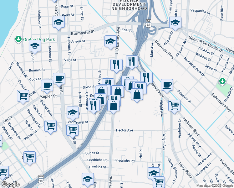 map of restaurants, bars, coffee shops, grocery stores, and more near 197 Westbank Expressway in Terrytown