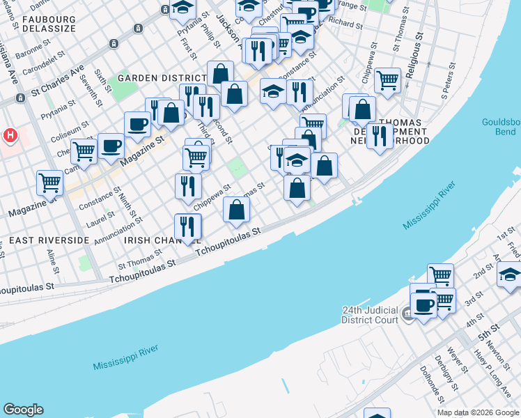map of restaurants, bars, coffee shops, grocery stores, and more near 405 Third Street in New Orleans