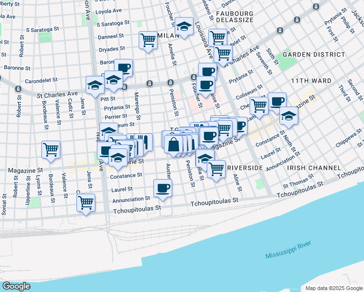 map of restaurants, bars, coffee shops, grocery stores, and more near 922 Peniston Street in New Orleans