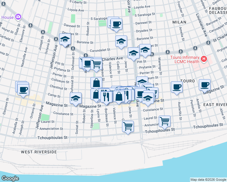 map of restaurants, bars, coffee shops, grocery stores, and more near 1019 Valence Street in New Orleans