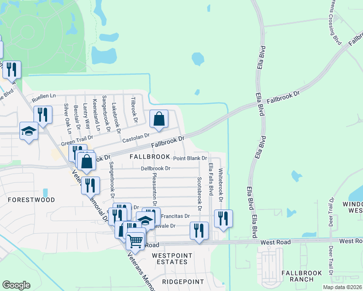 map of restaurants, bars, coffee shops, grocery stores, and more near 10318 Pimlico Court in Houston