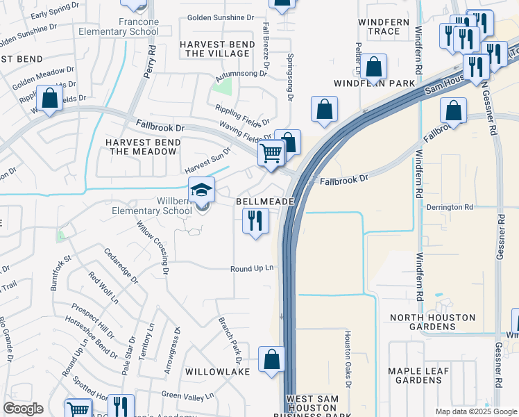map of restaurants, bars, coffee shops, grocery stores, and more near 10802 Legacy Park Drive in Houston