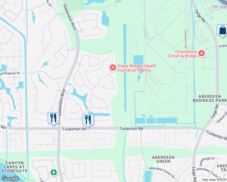 map of restaurants, bars, coffee shops, grocery stores, and more near 16223 Cliff Haven Drive in Houston