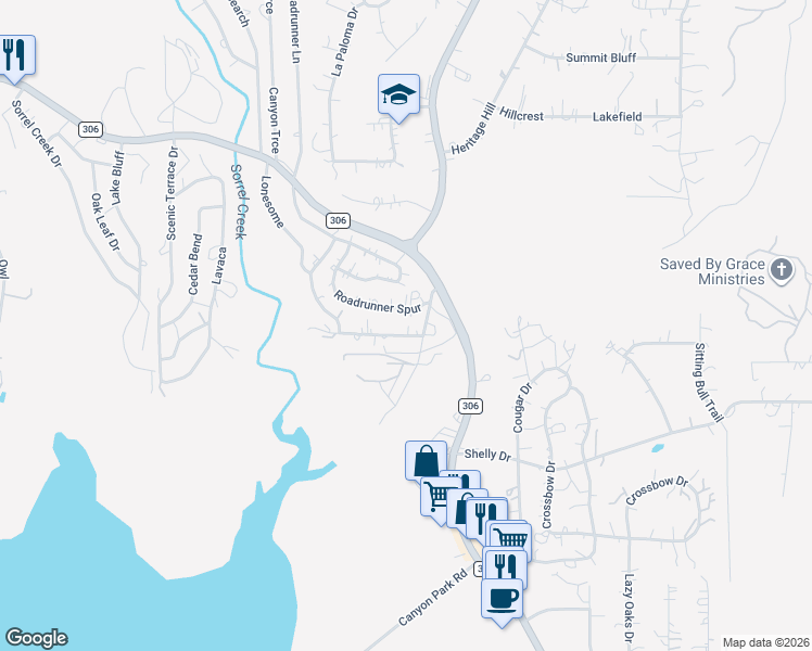 map of restaurants, bars, coffee shops, grocery stores, and more near 566 Lonesome in Canyon Lake