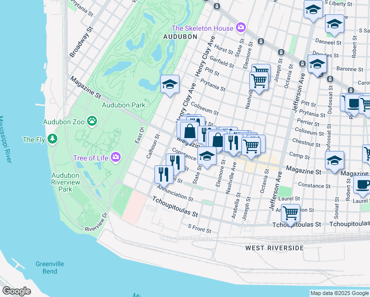 map of restaurants, bars, coffee shops, grocery stores, and more near 6057 Constance Street in New Orleans