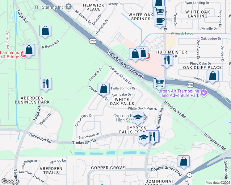 map of restaurants, bars, coffee shops, grocery stores, and more near 10031 Barr Lake Dr in Houston