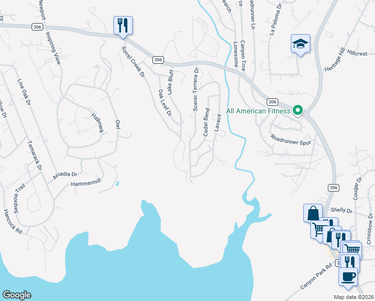 map of restaurants, bars, coffee shops, grocery stores, and more near 1227 Sorrel Creek Drive in Canyon Lake