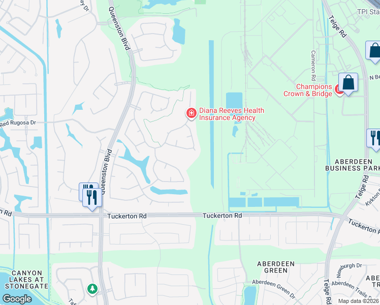map of restaurants, bars, coffee shops, grocery stores, and more near 16223 Cliff Haven Drive in Houston