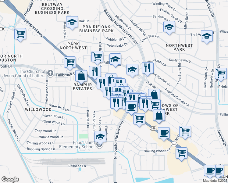 map of restaurants, bars, coffee shops, grocery stores, and more near 14004 Texas 249 in Houston